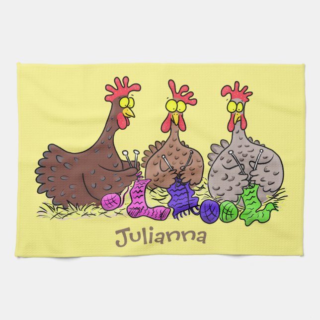 Funny knitting chickens cartoon illustration tea towel (Horizontal)
