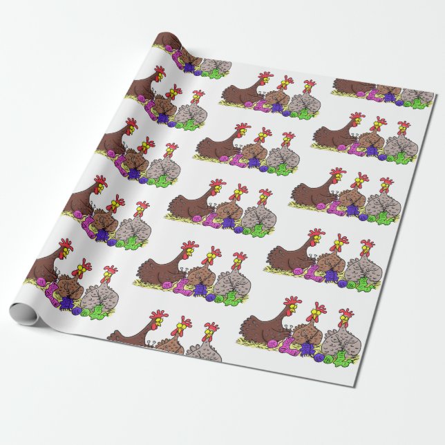 Funny knitting chickens cartoon illustration wrapping paper (Unrolled)