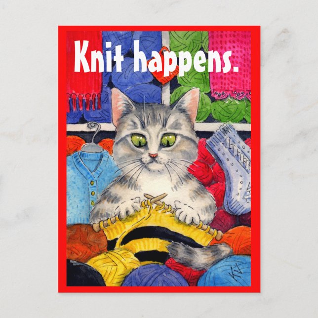 Funny knitting kitty postcard (Front)
