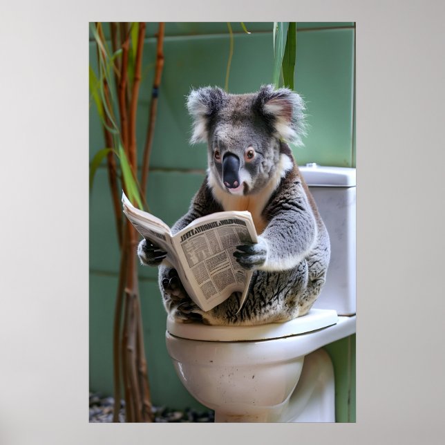 Funny Koala Bathroom Print, Reading Newspaper Poster (Front)