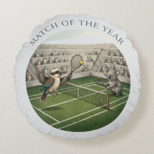 Funny Kookaburra vs Koala Tennis Match Art Round Cushion