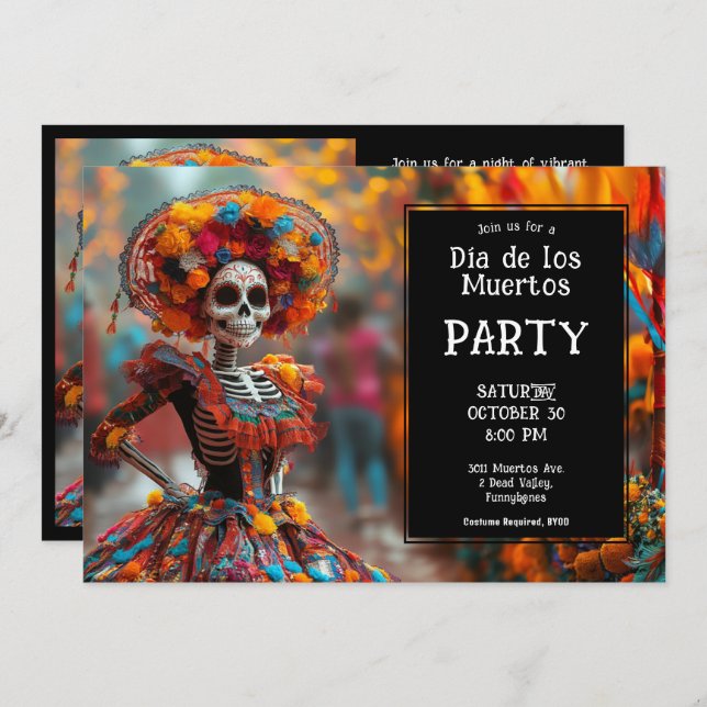 💀 Funny La Calavera in hat with flowers Invitation (Front/Back)