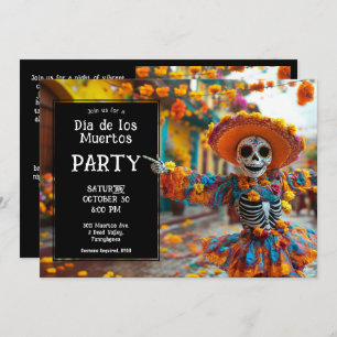💀 Funny La Calavera in hat with flowers Invitation