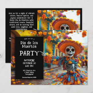 💀 Funny La Calavera in hat with flowers Invitation