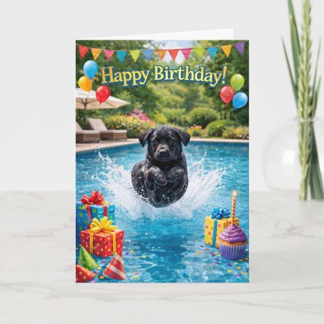 Funny Labrador puppy pool splash Card (Front)