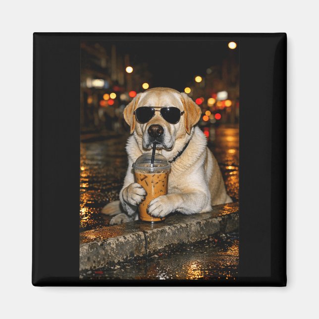 Funny labrador retriever drinking iced coffee cute magnet (Front)