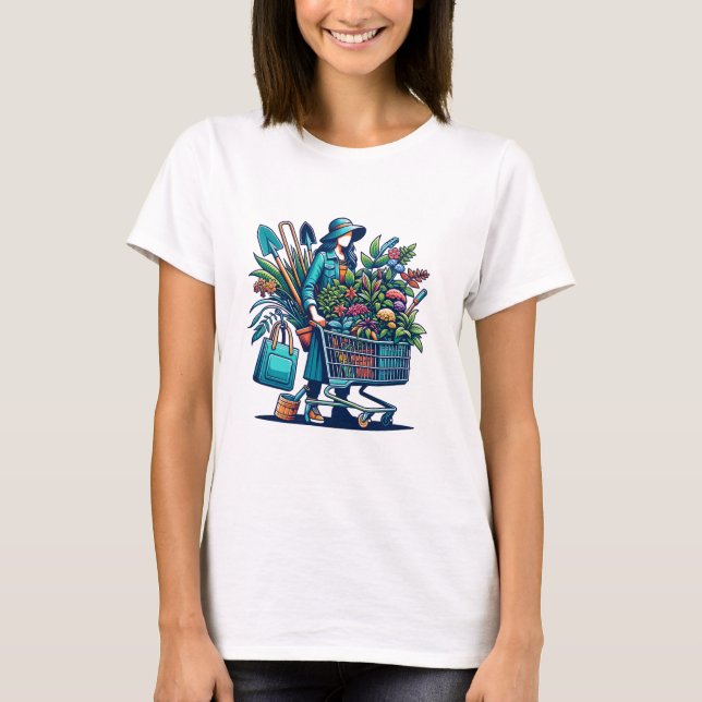 Funny Lady with Shopping Cart full of Plants T-Shirt (Front)