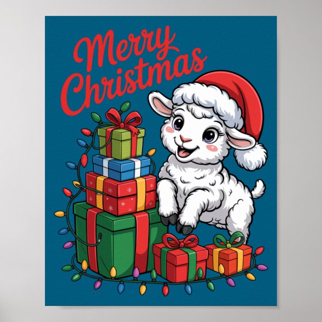 Funny Lamb Santa Hat Animals Lovers Ugly Christmas Poster (Front)