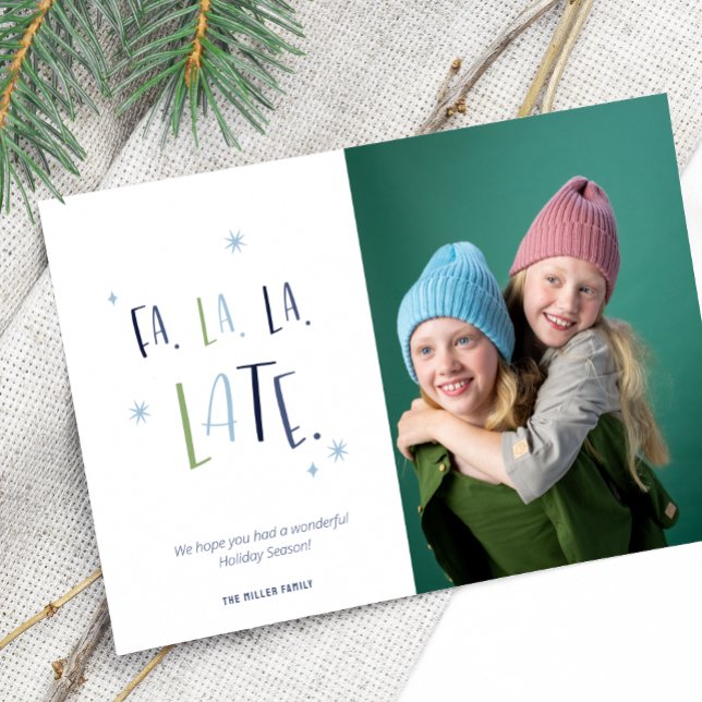 Funny Late Christmas Family Photo  Holiday Postcard (belated holiday postcard with custom photo and text flatlay )