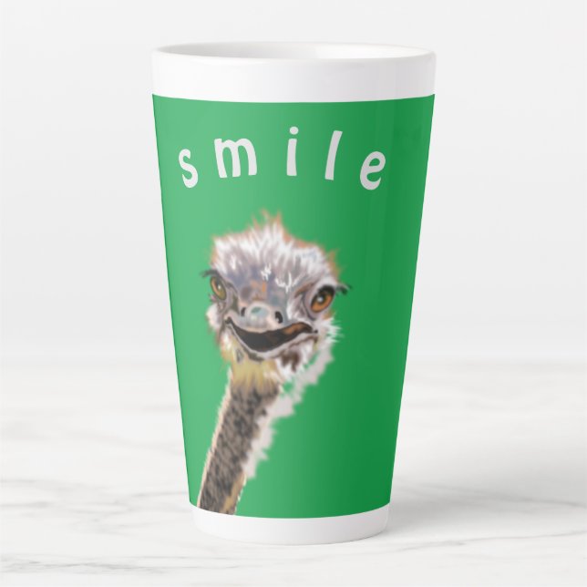 Funny Latte Mug with Happy Ostrich - Smile (Front)