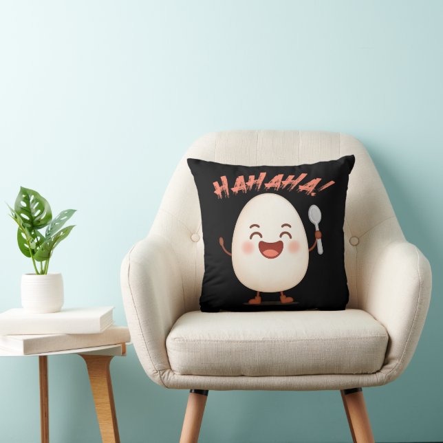 Funny Laughing Egg Cartoon Throw Pillow | Cute  (Chair)