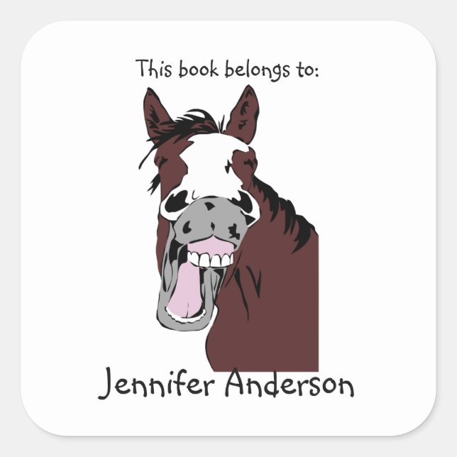 Funny Laughing Horse Art Custom Bookplate Square Sticker (Front)
