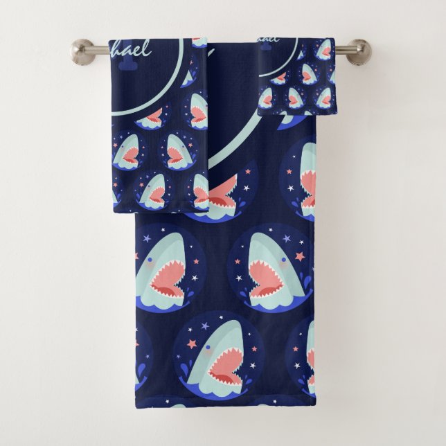 Funny Laughing Shark Stars Nautical Blue Boys Name Bath Towel Set (Insitu)