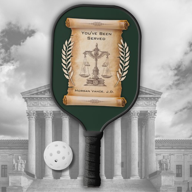 Funny Law Firm Partner Gift Pickleball Paddle (Custom oxford green pickleball paddle for law partners with antique scroll and scales graphic.)