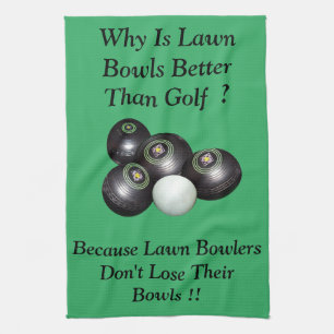 Funny Lawn Bowls Versus Golf Design, Tea Towel