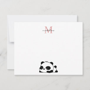 Funny Laying Panda Script Pink Monogram Card