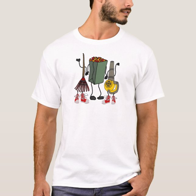 Funny Leaf Blowing Yard Work Cartoon Characters T-Shirt (Front)