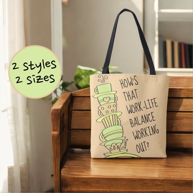 Funny Leaning Pastel Coffee Cup Stack Reusable Tote Bag (same design on both sides of bag)