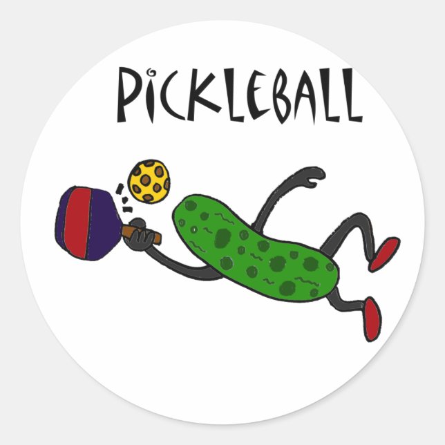 Funny Leaping Pickle Playing Pickleball Classic Round Sticker (Front)