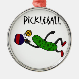 Funny Leaping Pickle Playing Pickleball Metal Tree Decoration