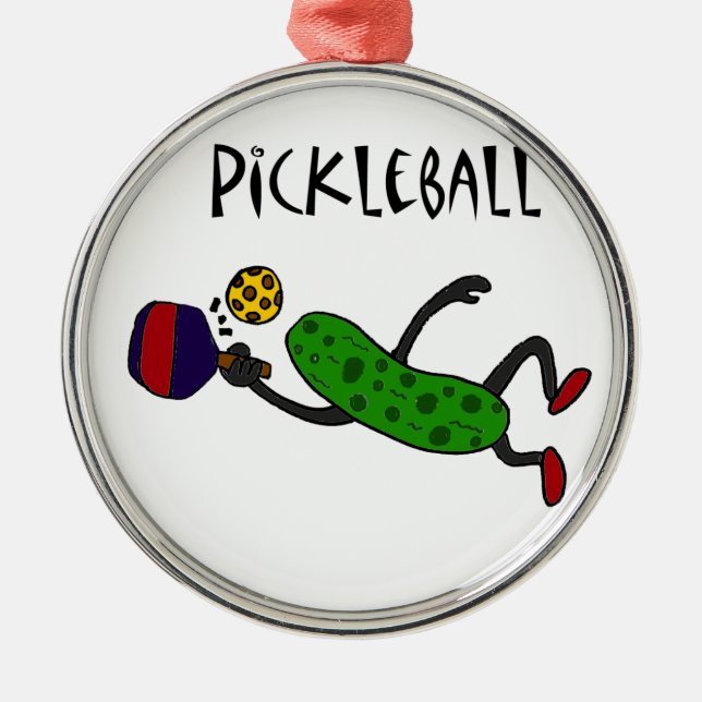 Funny Leaping Pickle Playing Pickleball Metal Tree Decoration (Front)