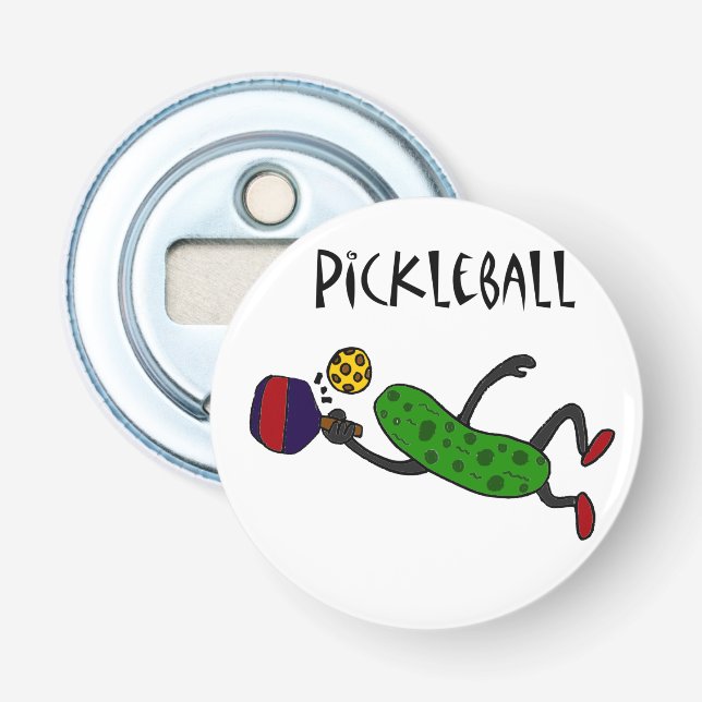 Funny Leaping Pickleball Pickle Cartoon Bottle Opener (Front)