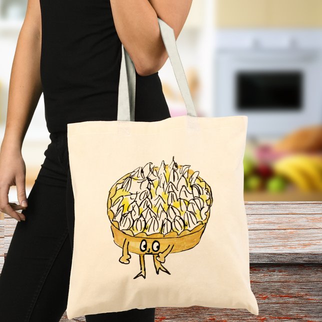 Funny Lemon Meringue Pie Quirky Cute Cartoon Art Tote Bag (Cute lemon meringue pie cartoon art tote bag quirky watercolor artwork by artist Catherine Sweetman)