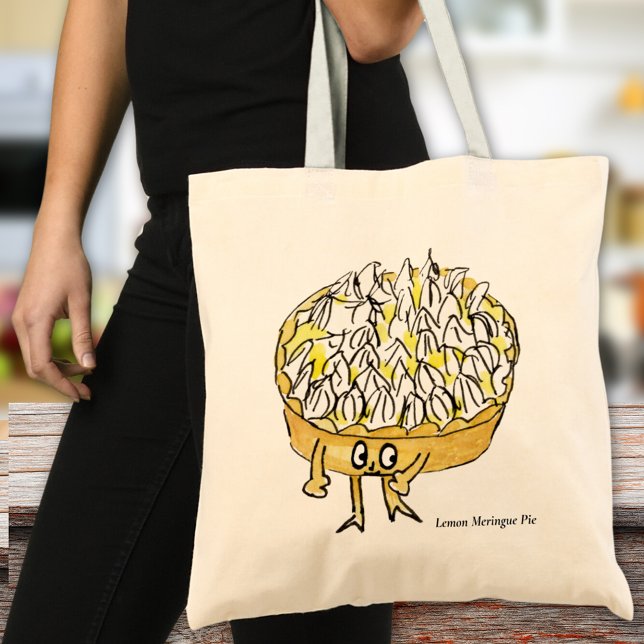 Funny Lemon Meringue Pie Quirky Cute Cartoon Art Tote Bag (Cute lemon meringue pie cartoon funny baking lovers gift tote bag)