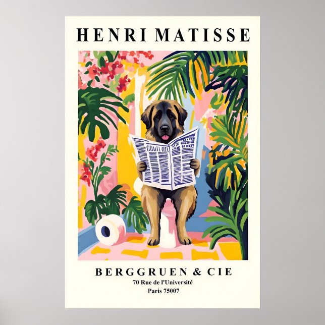Funny Leonberger Art - Dog on Toilet, Matisse Poster (Front)