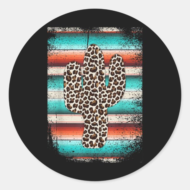 Funny Leopard Cactus Serape Cactus print Turquoise Classic Round Sticker (Front)