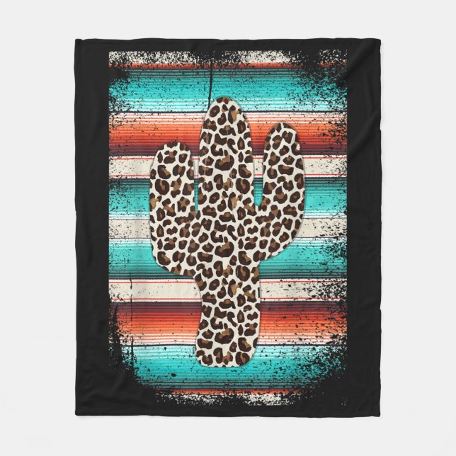 Funny Leopard Cactus Serape Cactus print Turquoise Fleece Blanket (Front)