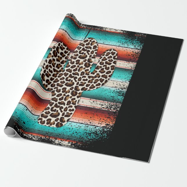 Funny Leopard Cactus Serape Cactus print Turquoise Wrapping Paper (Unrolled)