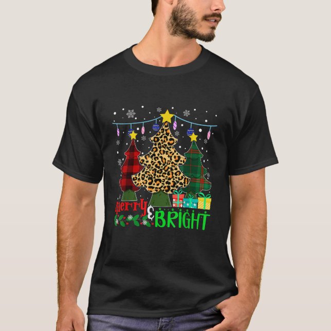 Funny Leopard Plaid Christmas Trees Merry And Brig T-Shirt (Front)