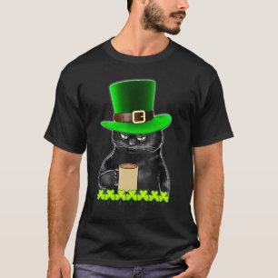 Funny Leprechaun Black Cat Drink Coffee With Shamr T-Shirt