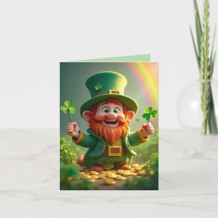 Funny leprechaun with shamrocks and gold coins holiday card