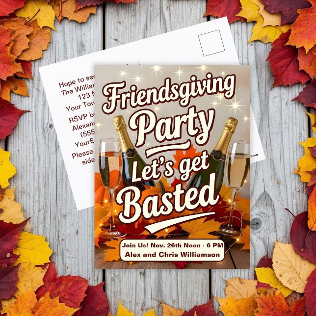 Funny Let's Get Basted Friendsgiving Party Holiday Postcard (Creator Uploaded)