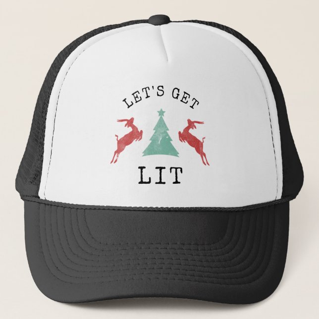 Funny LET'S GET LIT Christmas Alcohol Drinking Trucker Hat (Front)