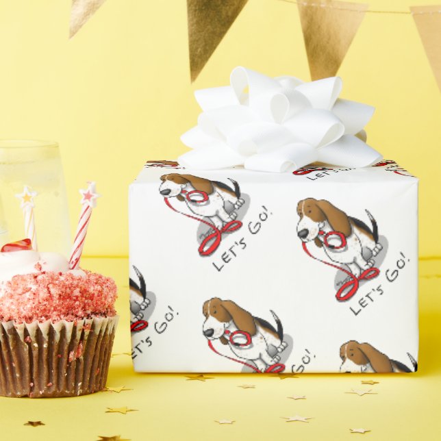 Funny Let's Go! Walk Basset Hound (tri-colour 1) Wrapping Paper (Birthday Party)