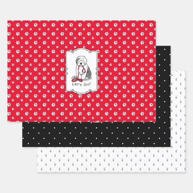 Funny Let's Go! Walk Old English Sheepdog (Grey 1) Wrapping Paper Sheet (Set)