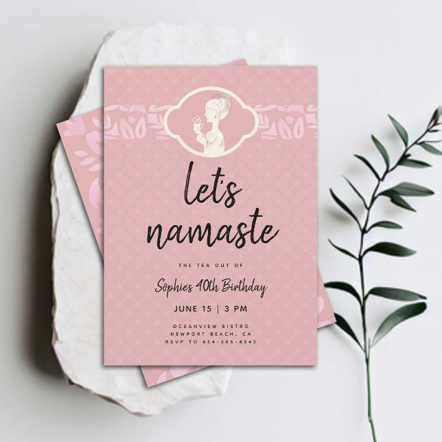 Funny Lets Namaste Women 40th Birthday Tea Party Invitation (funny 40th birthday invitation for women tea party namaste yoga joke clean elegant classy cute)