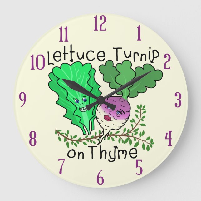 Funny Lettuce Turnip on Thyme Pun School Classroom Large Clock (Front)
