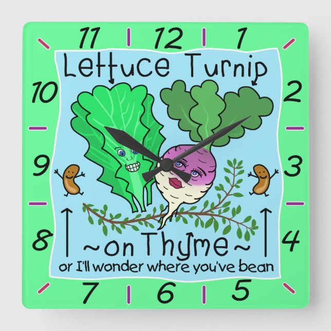 Funny Lettuce Turnip Thyme Vegetable Pun Cartoon Square Wall Clock (Front)