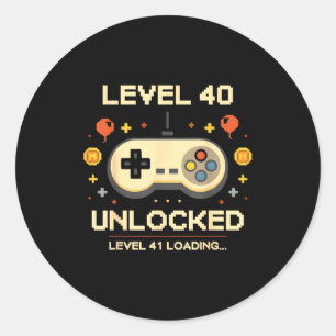 Funny level 40 unlocked gamer 40th birthday video classic round sticker