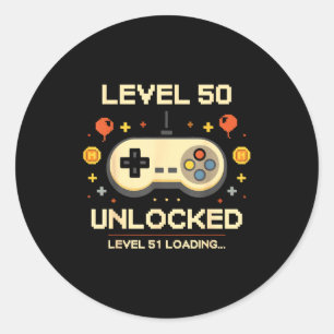 Funny level 50 unlocked gamer 50th birthday video classic round sticker