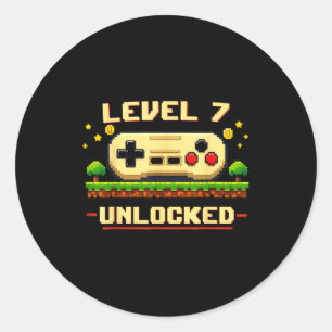 Funny level 7 unlocked video game 7th birthday classic round sticker