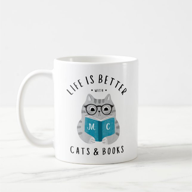 Funny Life is Better with Cats and Books Monogram Coffee Mug (Left)