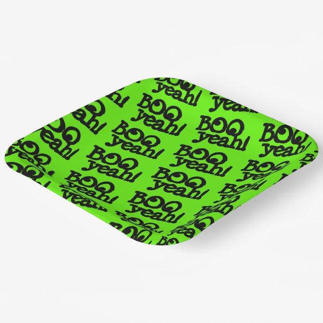 Funny Lime Green Booyeah! Crossed Eyes Halloween Paper Plate (Angled)