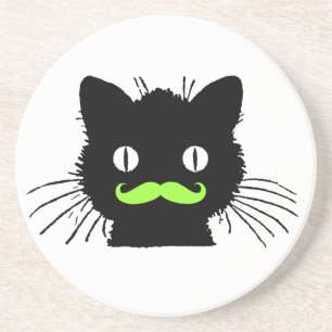 FUNNY LIME GREEN MUSTACHE VINTAGE BLACK CAT COASTER