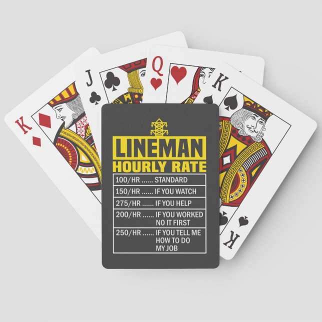Funny Lineman Hourly Rate Black Playing Cards (Back)