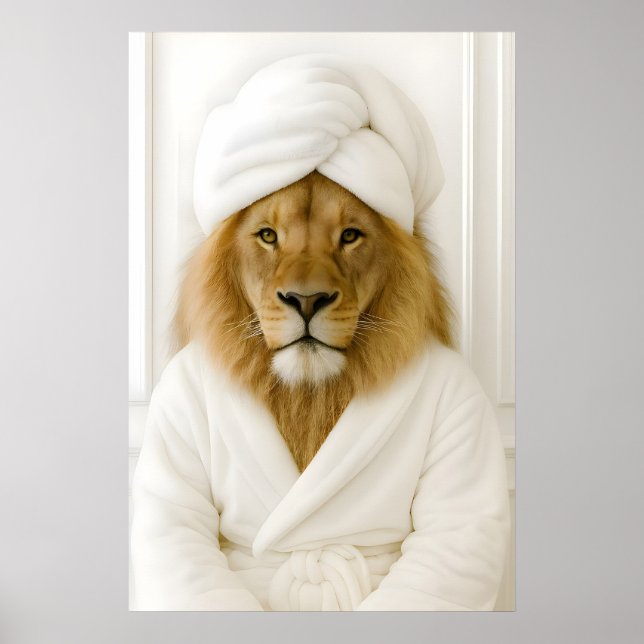 Funny Lion Bathroom Print, Lion In Bathrobe Poster (Front)